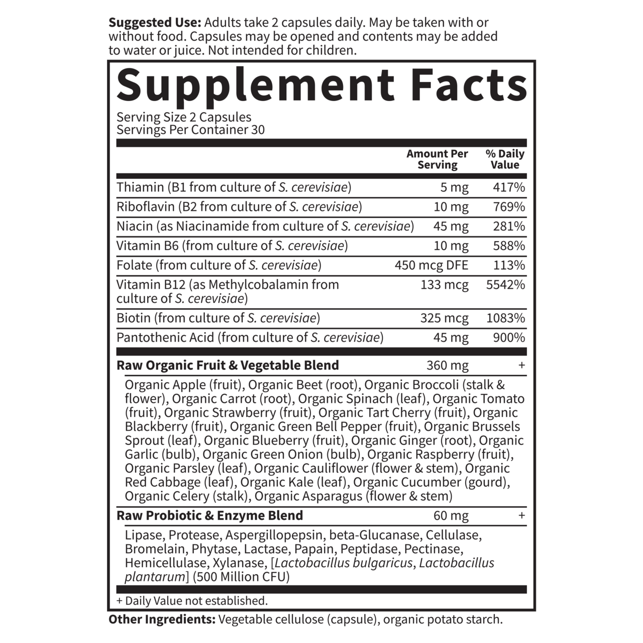 Garden of Life Raw B-Complex Supplement Facts