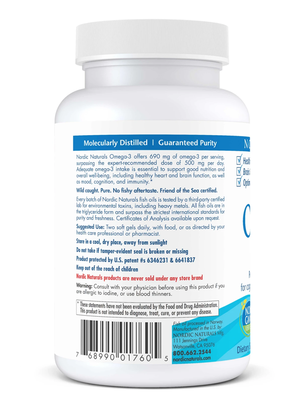 Nordic Naturals Omega 3 Purified Fish Oil, 60 Softgels