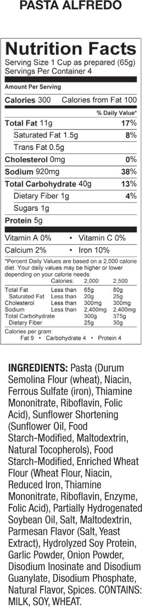 Supplement Facts Pasta Alfredo